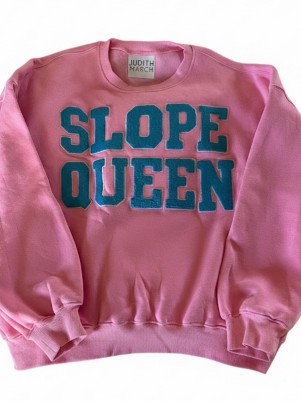 Judith March Pink Sweatshirt with Teal Chenille 'SLOPE QUEEN'